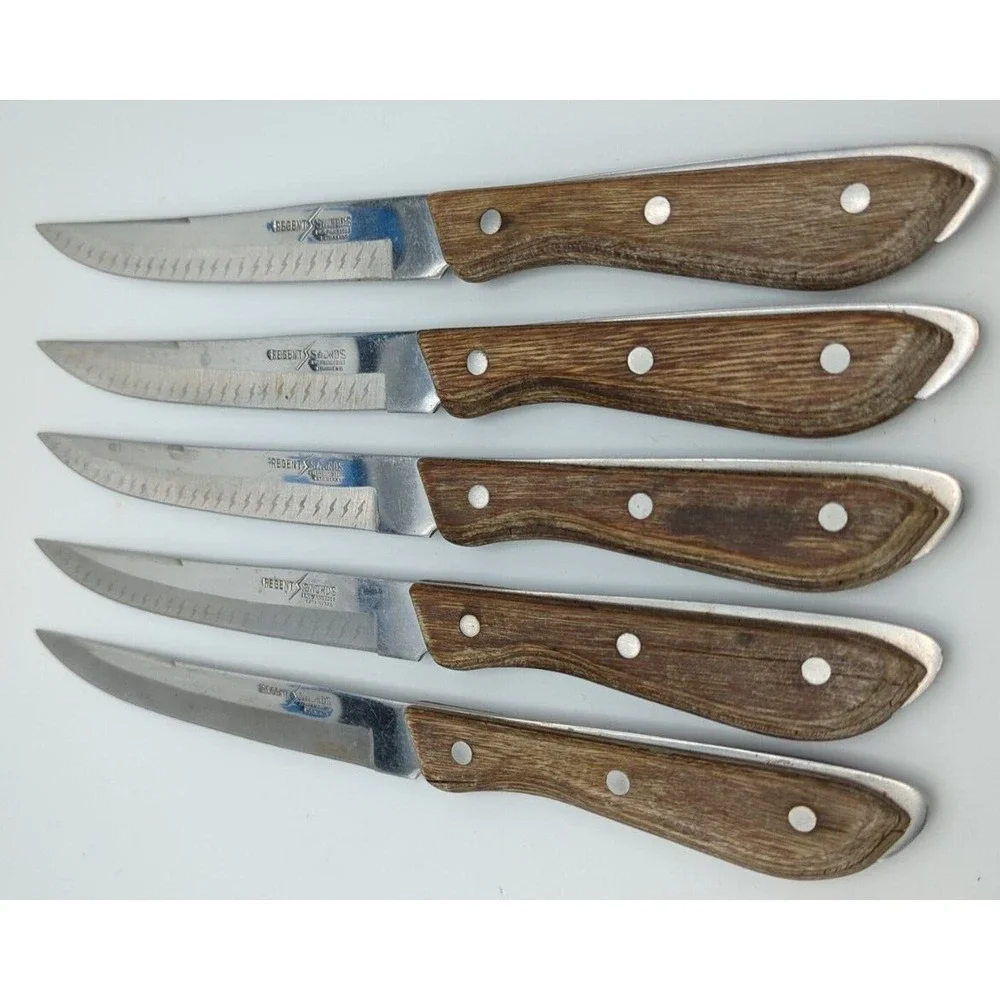 Vtg 5 Regent Swords Lightning Japan SS Steak Knives Full‎ Tang Wood Handle READ